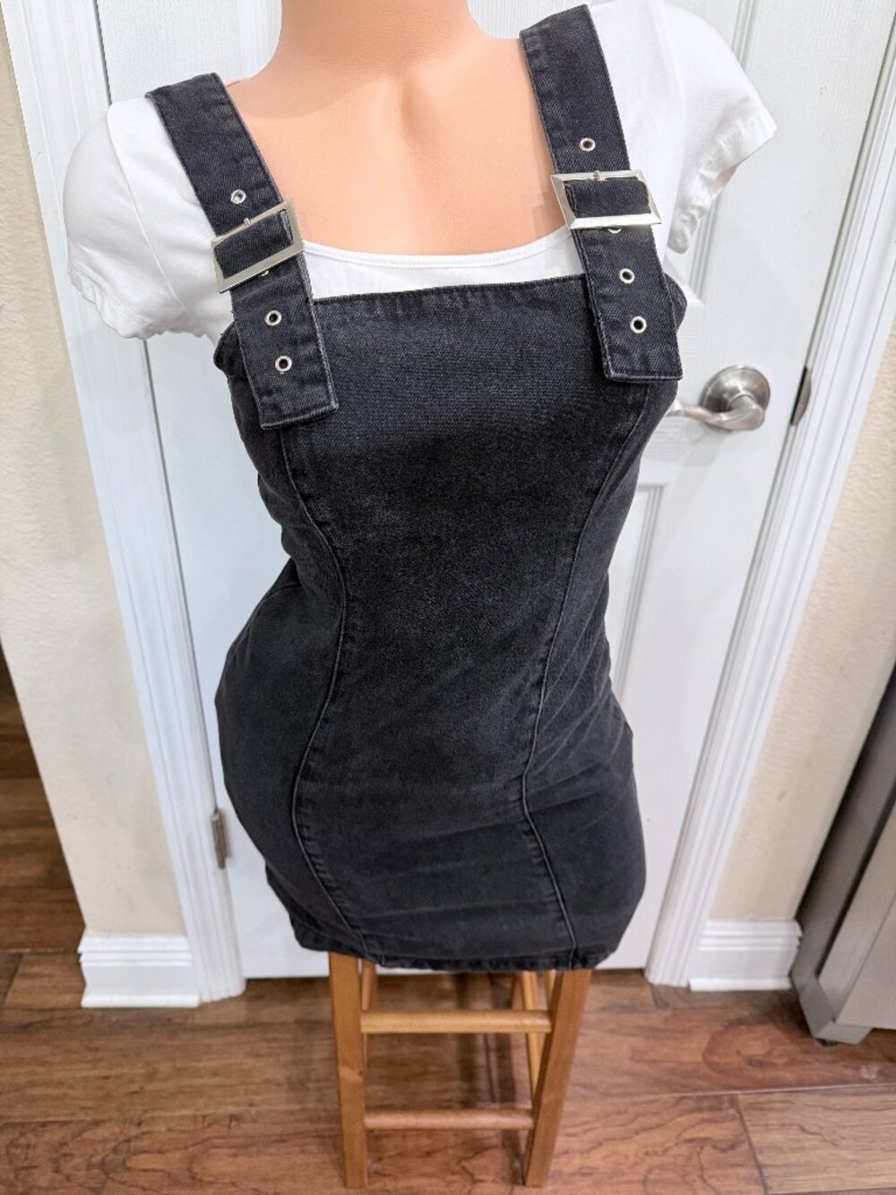 Topshop Black Denim Overall Mini Dress US 4 Buckle Strap Y2K Pinafore Grunge